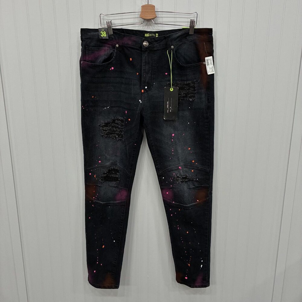 NWT GS-115 Men's 38x32 Blue Denim Stretch Tapered Leg Moto Jeans Paint Splatter